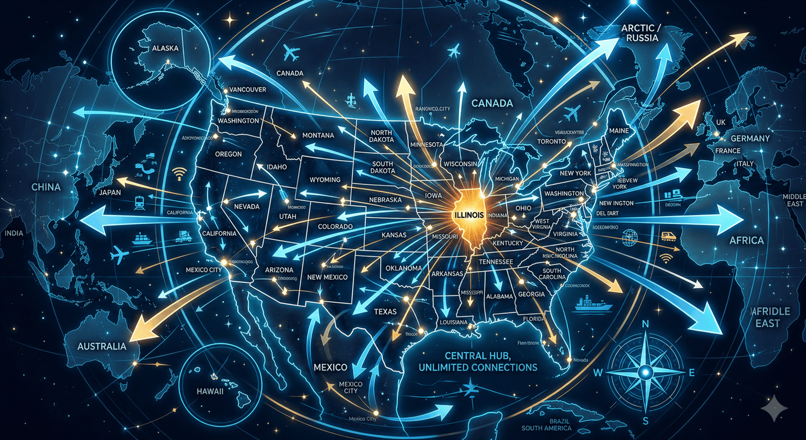Global Reach Map Out of Illinois